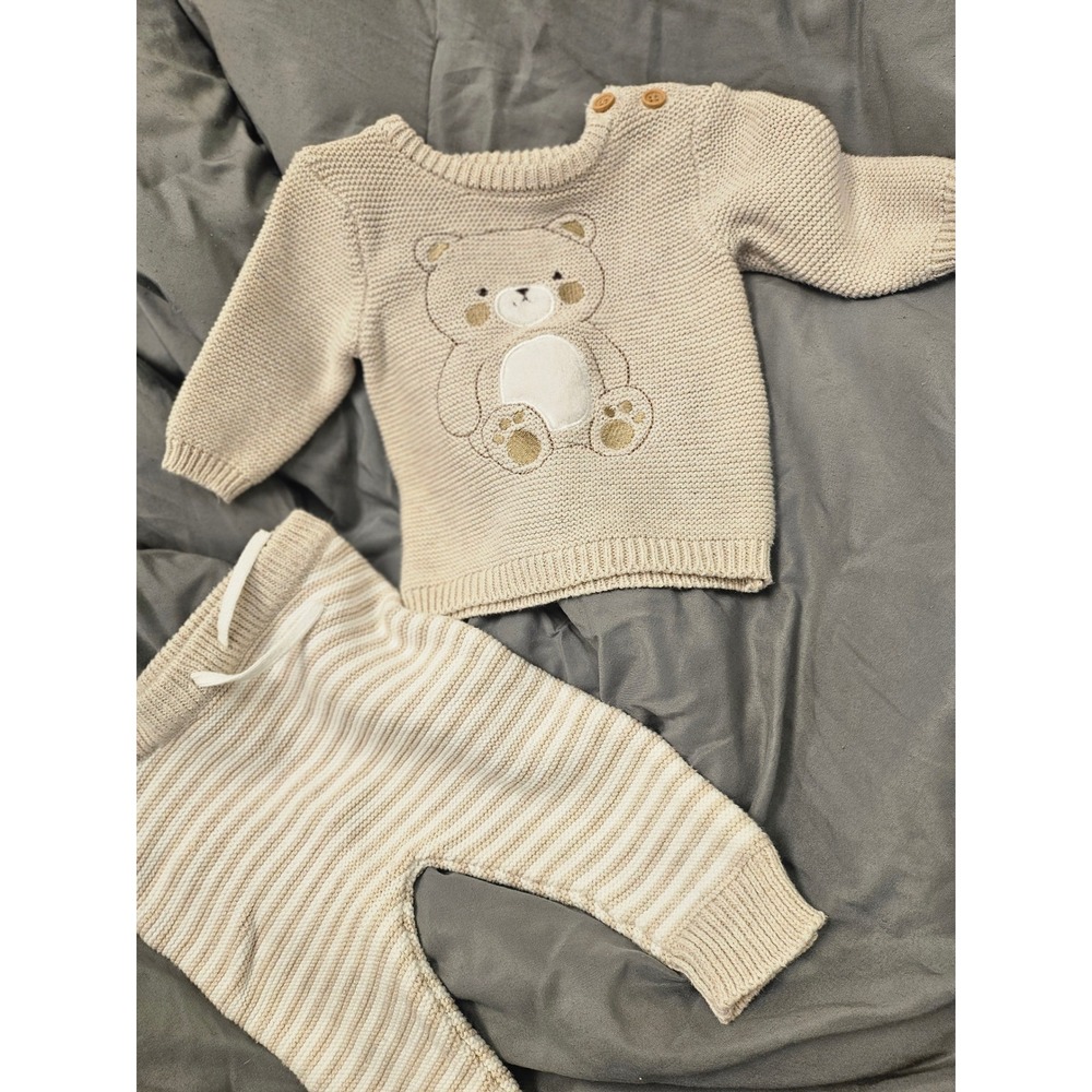 Rene Rofe Baby Bear Knit Sweater and Striped Pants Set Tan Cream 3-6 Months